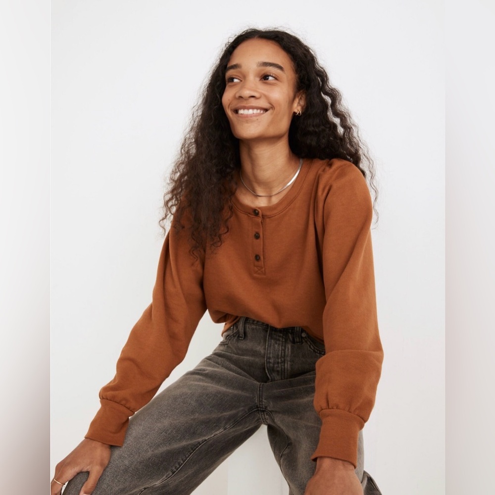 Madewell Henley Puff-Sleeve Sweatshirt Wisteria Dove Pink Size Medium